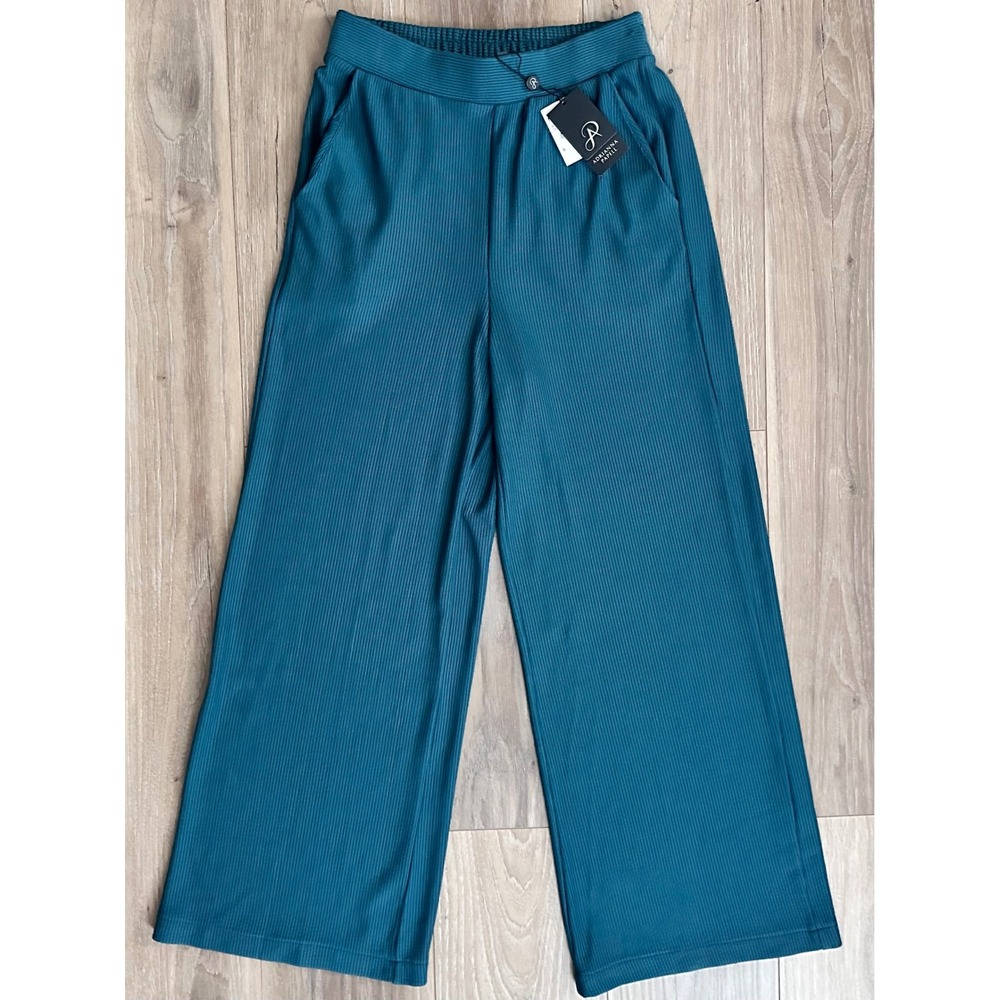 Adrianna Papell Teal Blue Ribbed Wide Leg Pants Smocked Waist SM Flowy Elegant